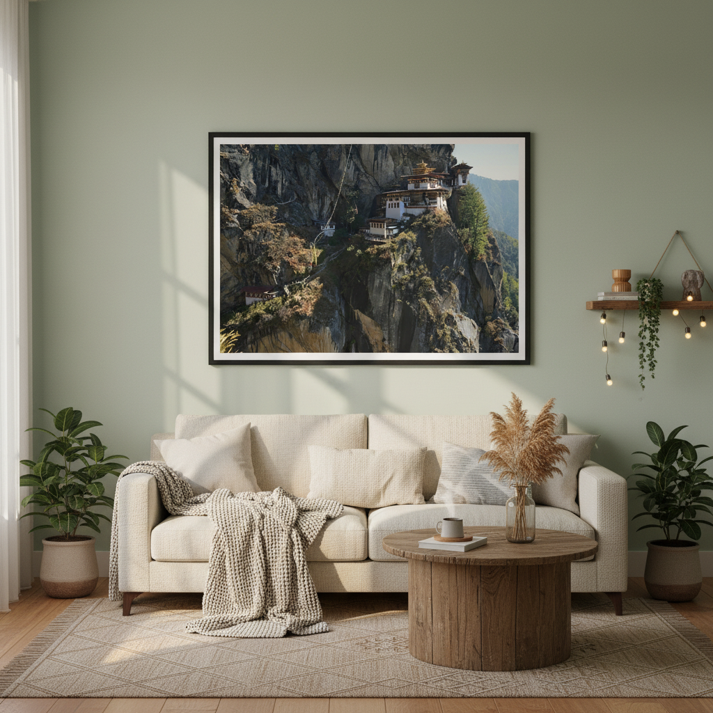 Majestic Bhutan: A Captivating Panorama of Taktsang Monastery - Premium Matte Framed Print