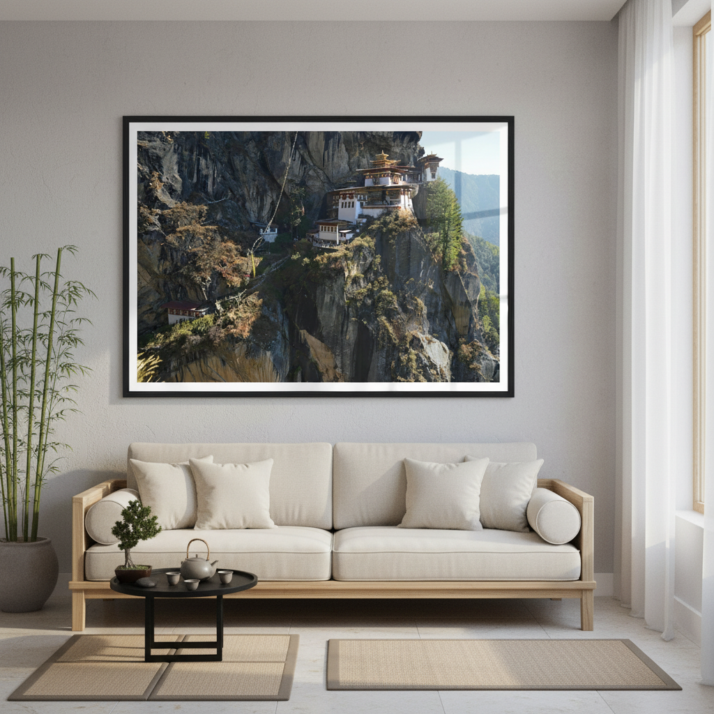 Living room with a white sofa, coffee table, and a large framed photograph of a monastery by Andrew Semple on the wall.