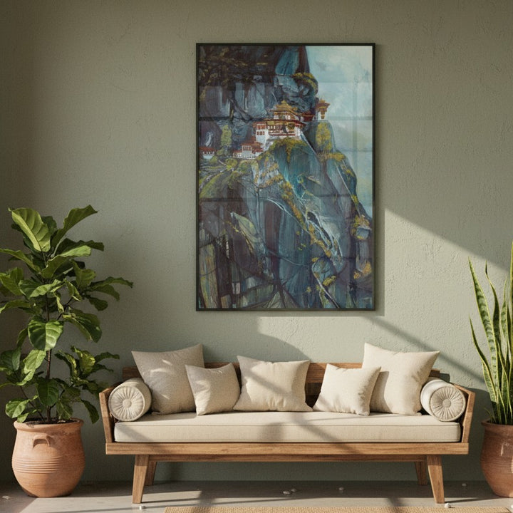 Majestic Heights: Watercolor of Taktsang Monastery - Premium Matte Metal Framed Print