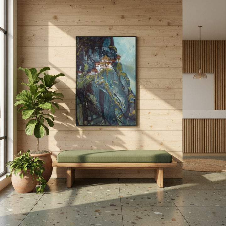 Majestic Heights: Watercolor of Taktsang Monastery - Premium Matte Metal Framed Print