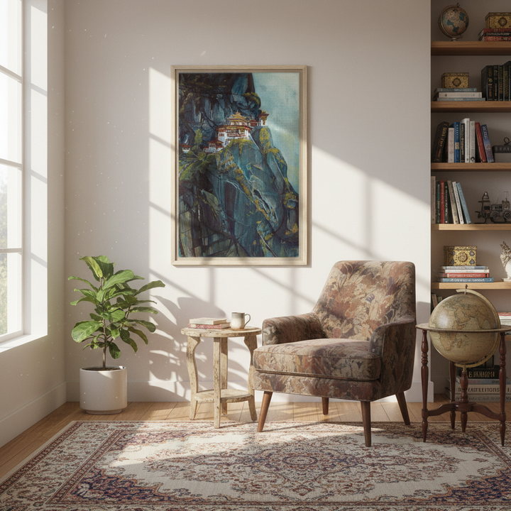 Majestic Heights: Watercolor of Taktsang Monastery - Framed Canvas