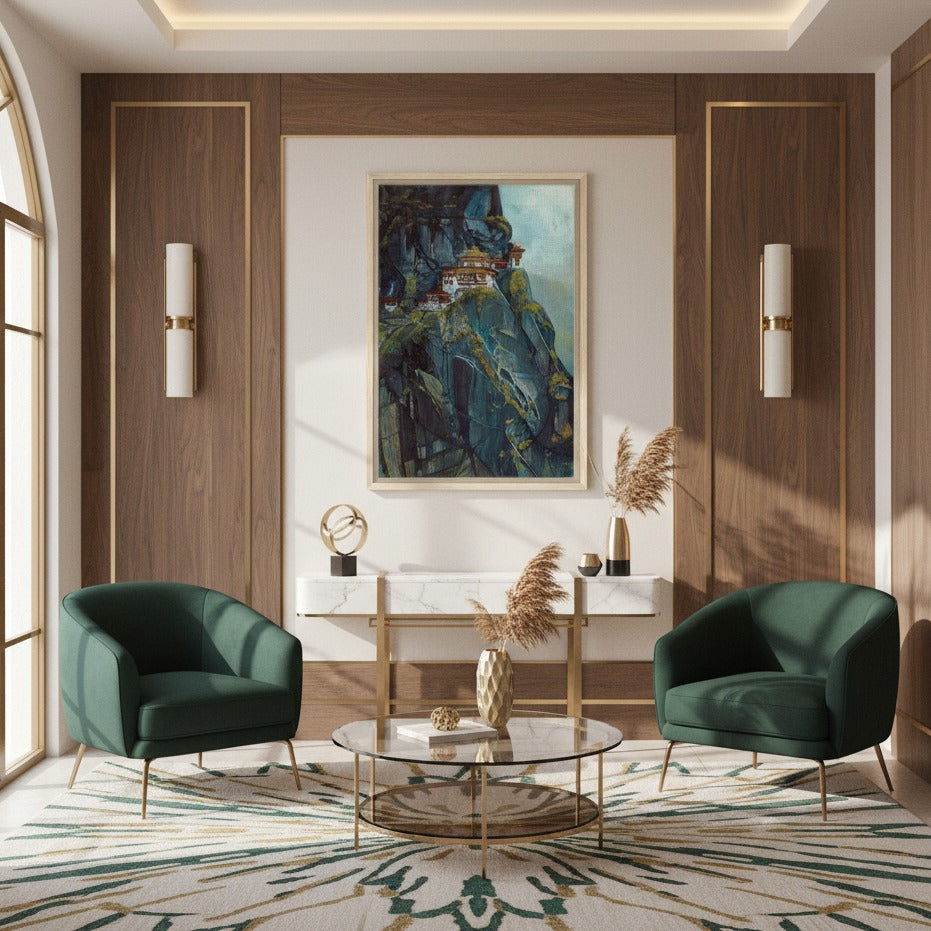 Modern living room with green chairs, a glass coffee table, and a watercolor of Taktsang Monastery painting on the wall - Bromont Media