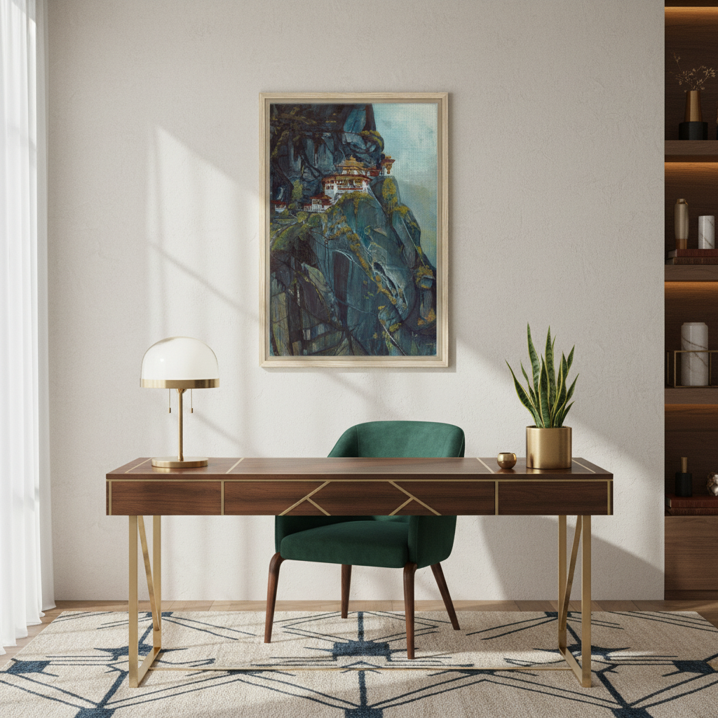 Majestic Heights: Watercolor of Taktsang Monastery - Framed Canvas