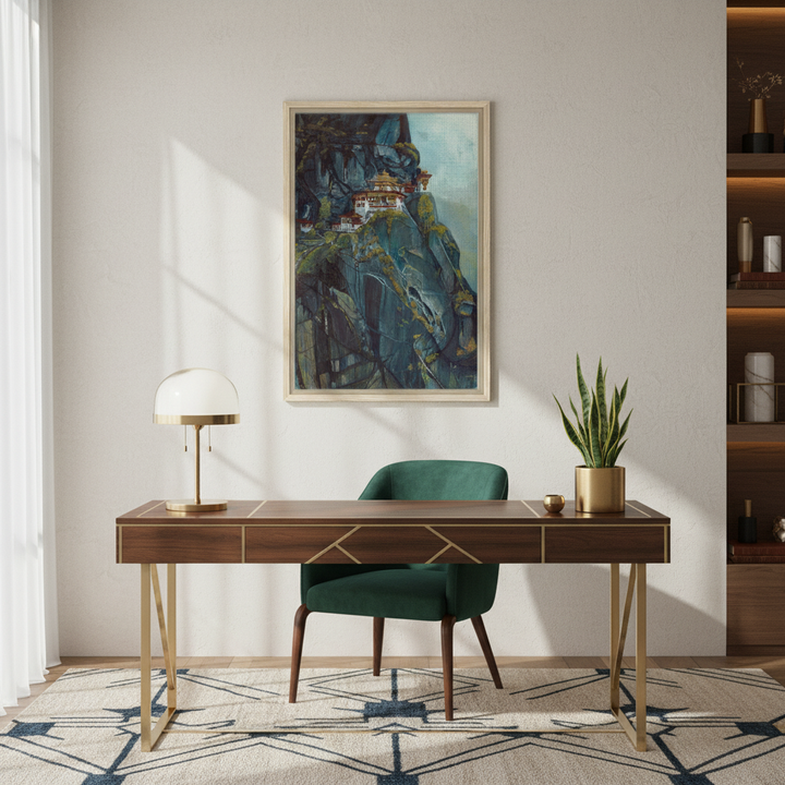 Majestic Heights: Watercolor of Taktsang Monastery - Framed Canvas