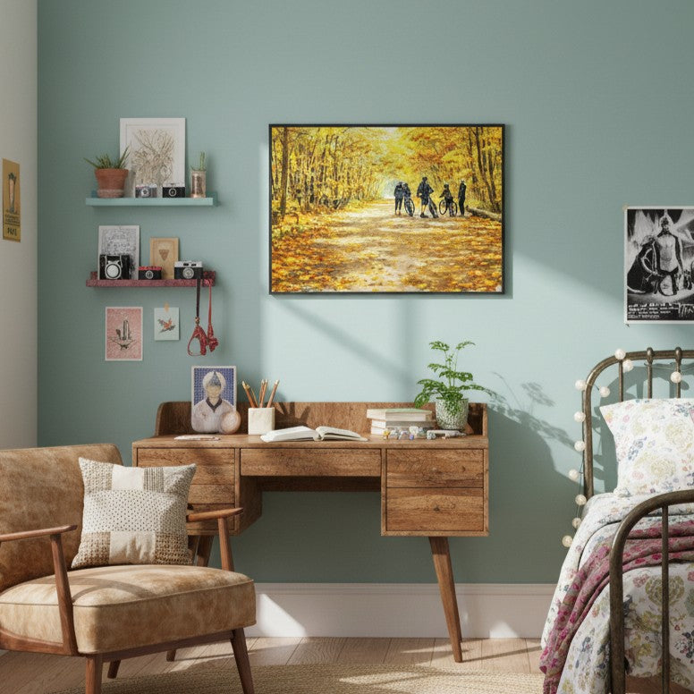 "Golden Trail Pause" Autumn Cycling Art Print - Framed Options