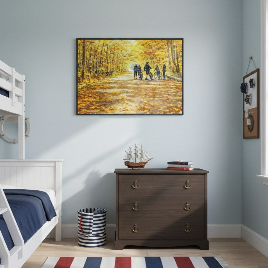 "Golden Trail Pause" Autumn Cycling Art Print - Framed Options