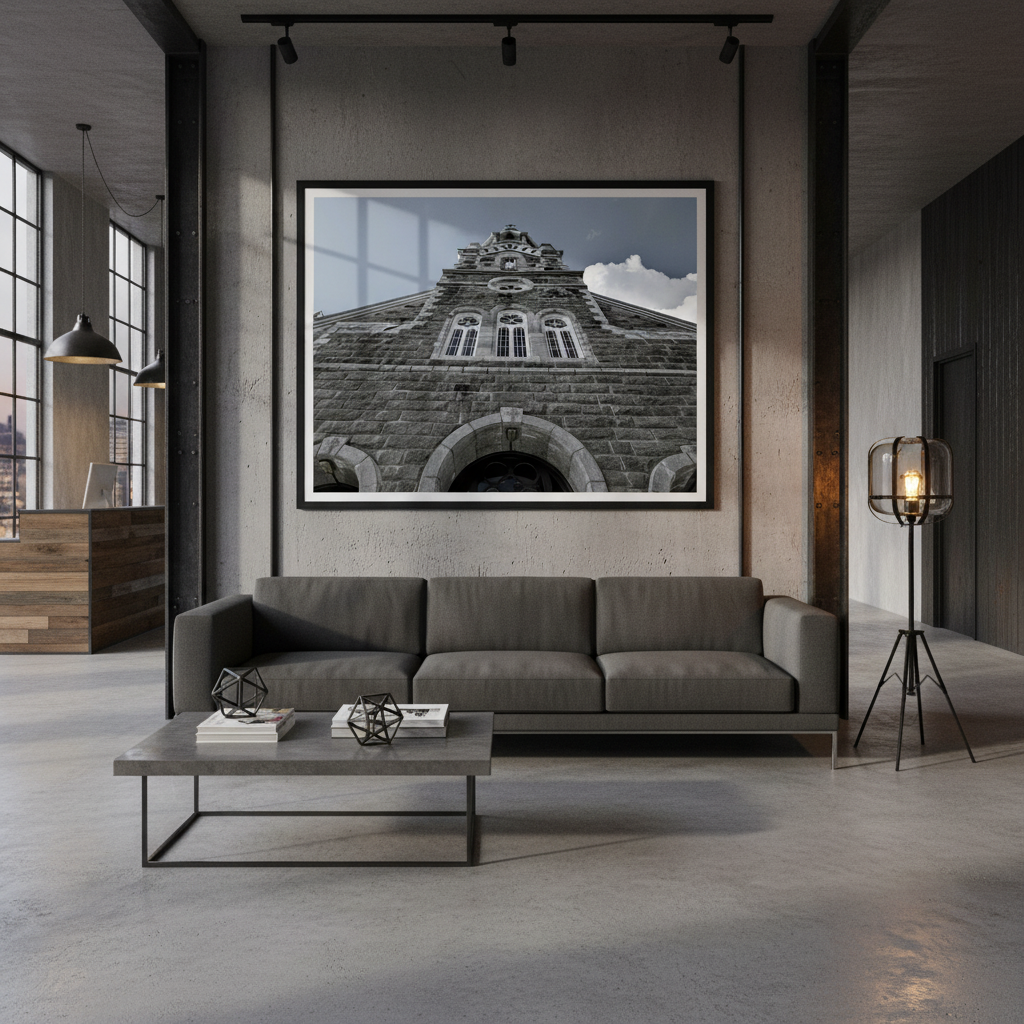 Modern living room with a gray sofa, coffee table, and large framed picture on the wall - Studio Shefford