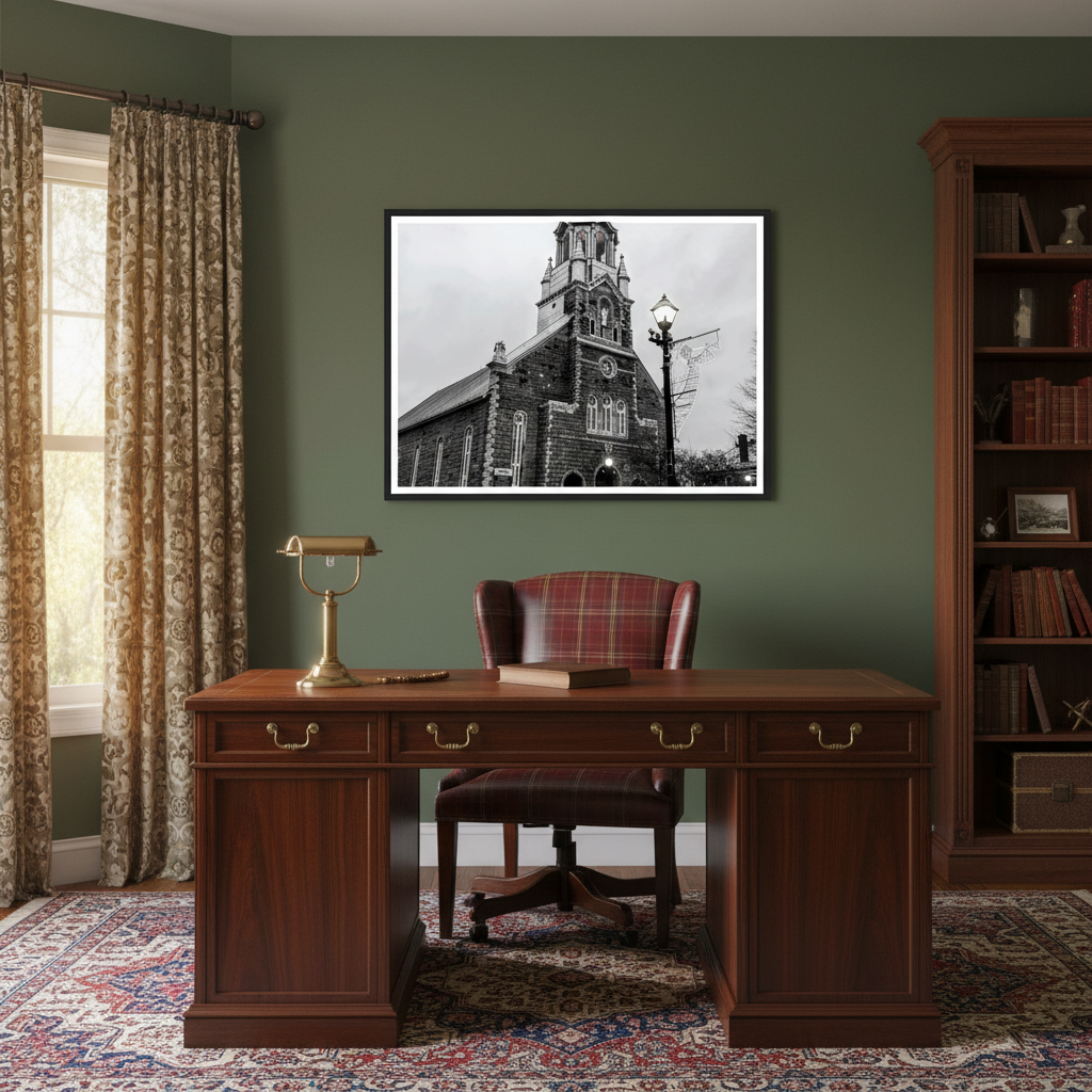 Twilight Over Bromont Church Wall Art - Premium Matte Wooden Framed Print