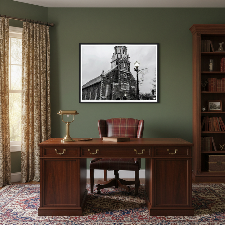 Twilight Over Bromont Church Wall Art - Premium Matte Wooden Framed Print