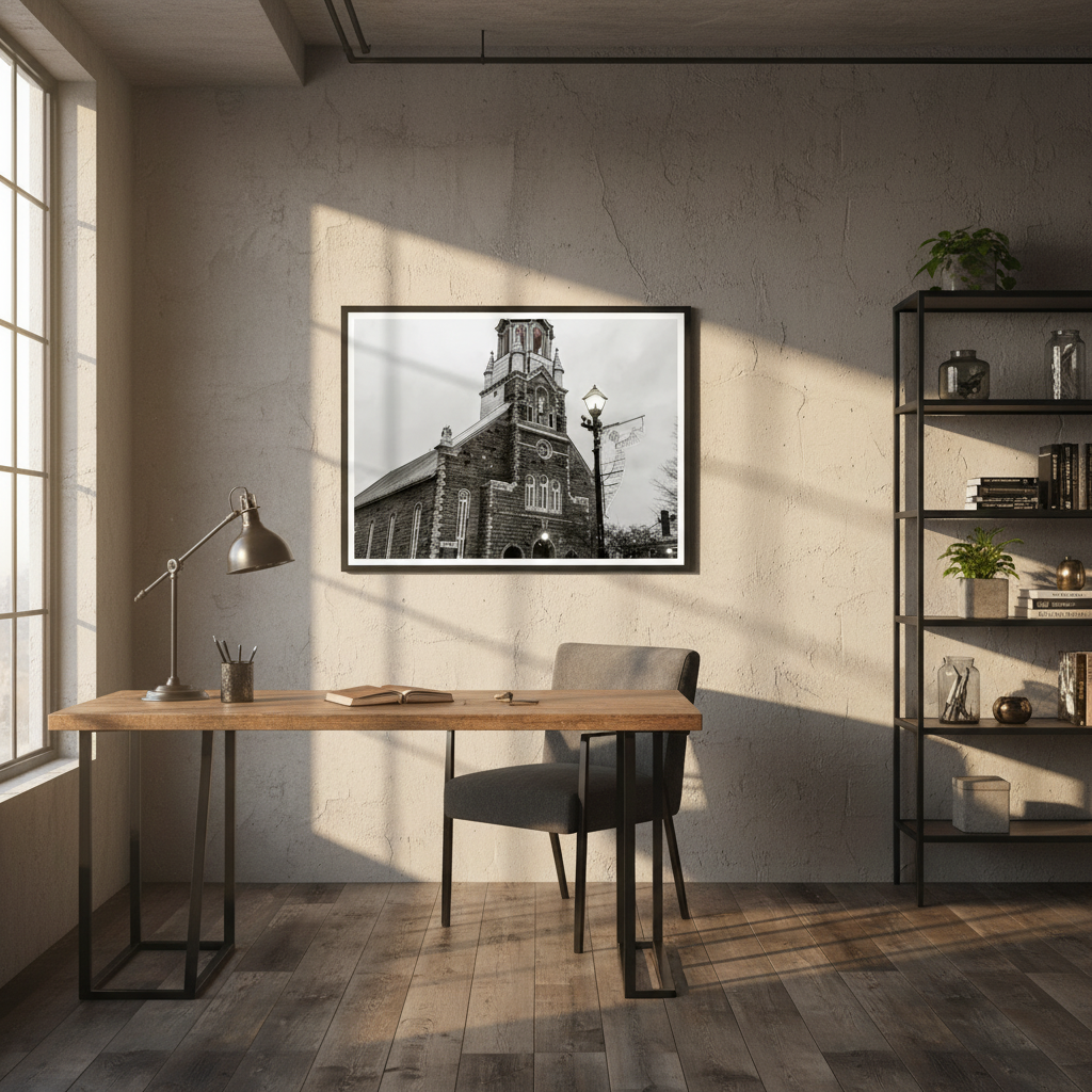 Twilight Over Bromont Church Wall Art - Premium Matte Wooden Framed Print