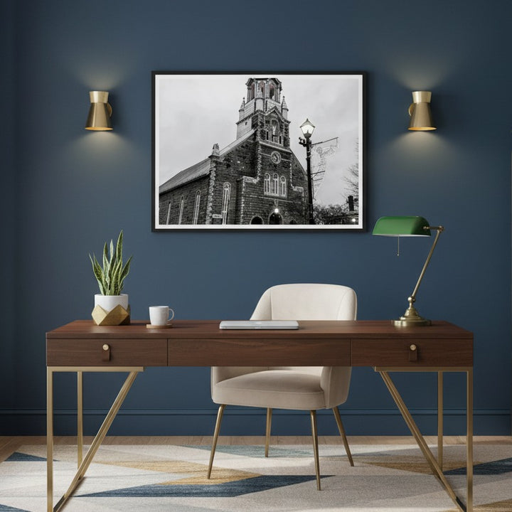 Twilight Over Bromont Church Wall Art - Premium Matte Wooden Framed Print