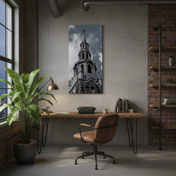 Modern office space with a desk, chair, and wall art of a steeple by Studio Shefford