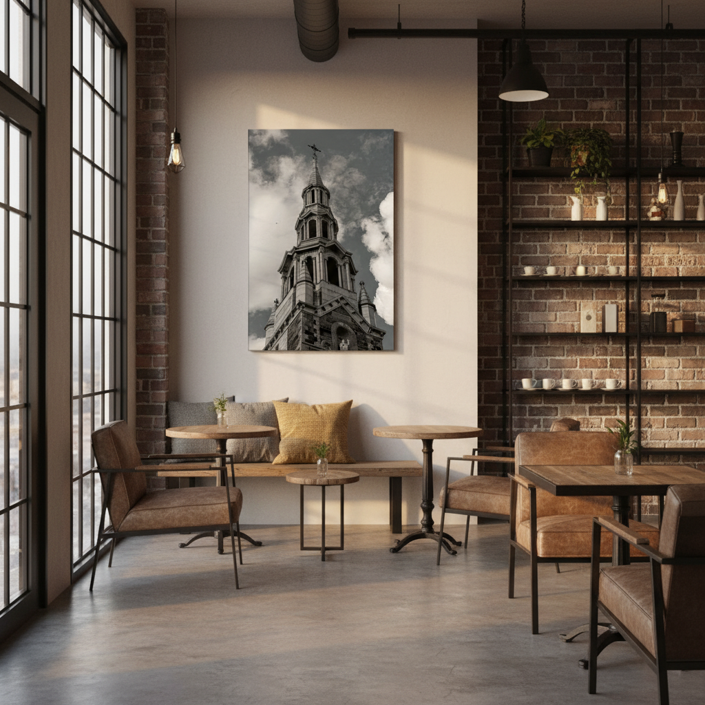 Modern cafe interior with brick walls, large windows, and wooden furniture and church steeple wall art by Studio Shefford