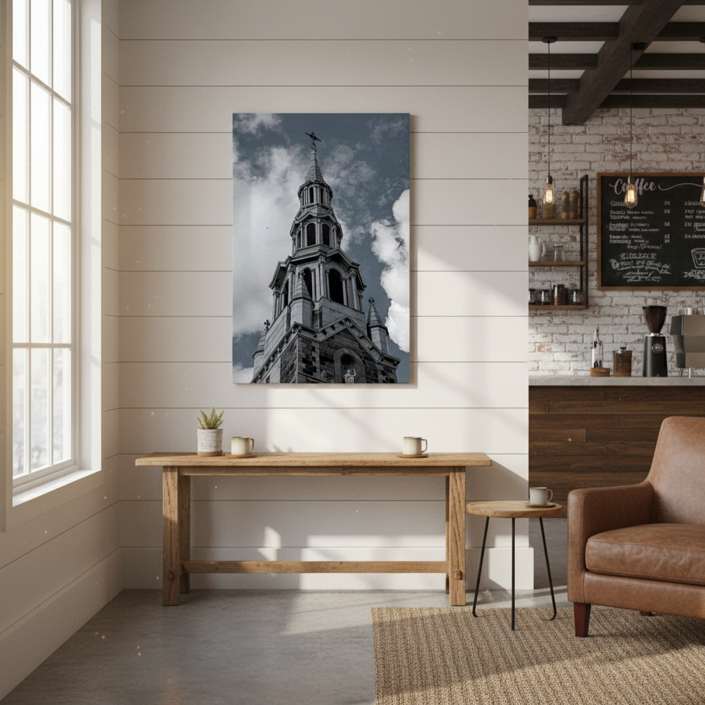 Room interior with a painting of a church tower on the wall, wooden table, and brown sofa - Studio Shefford