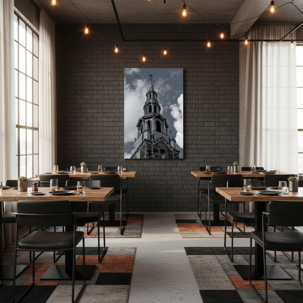 Modern restaurant interior with a large painting of a church steeple on the wall by Studio Shefford