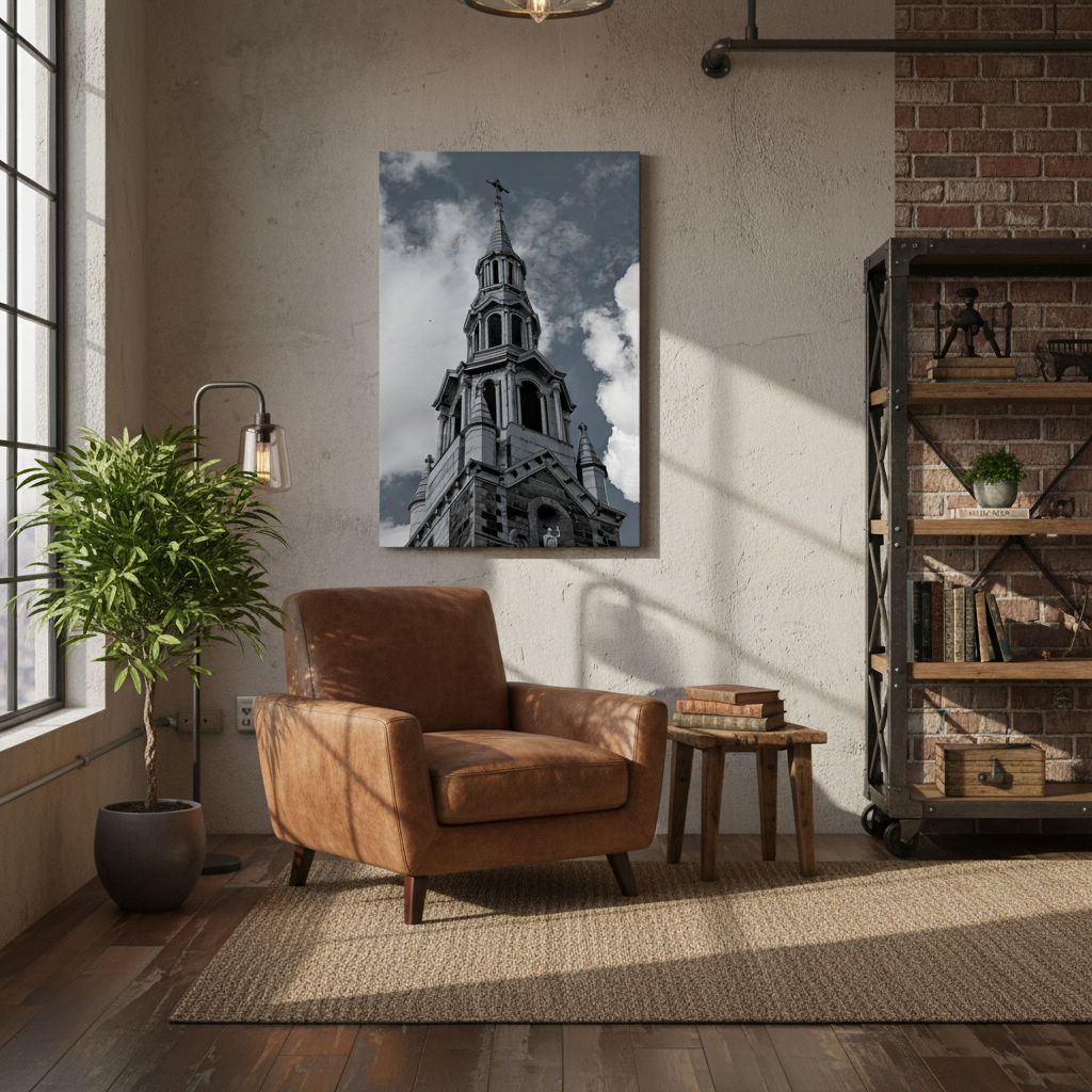 Cozy living room with brown leather armchair, bookshelf, and wall art of a church steeple - Studio Shefford