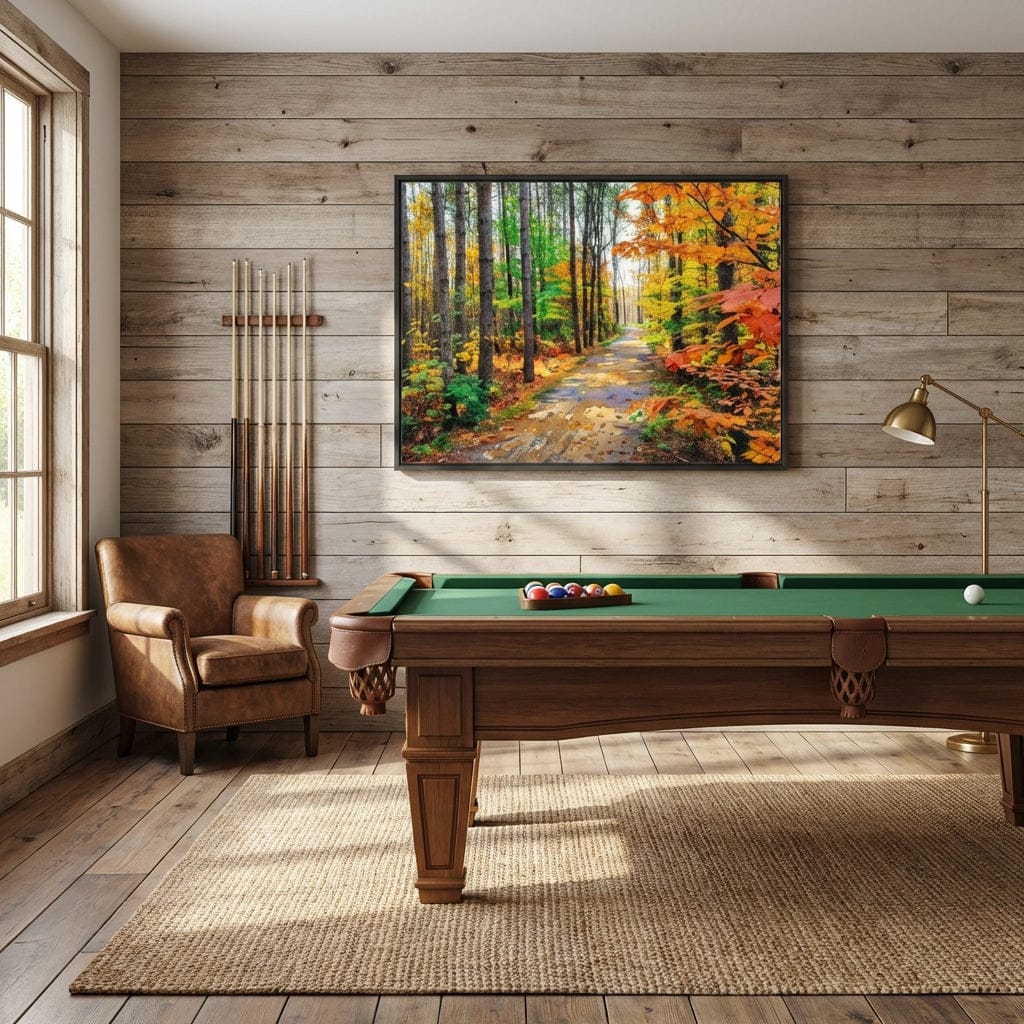 Wooden pool table with billiard balls in a room with a painting of a forest on the wall.