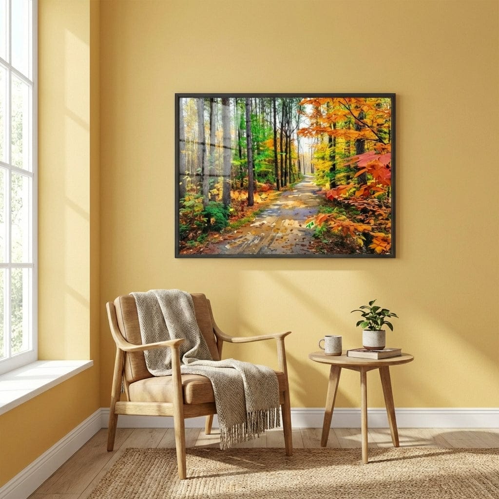 Framed artwork of a forest scene on a yellow wall above a wooden chair with a blanket - Studio Shefford