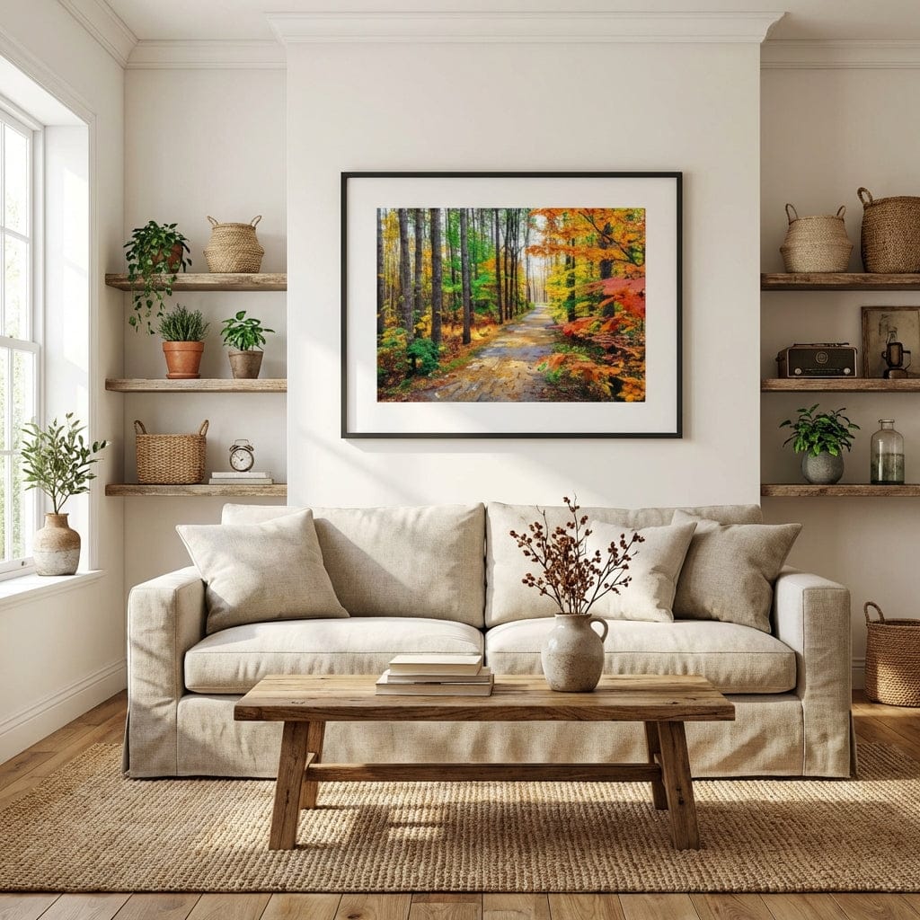 Living room with a beige sofa, wooden coffee table, and a forest painting on the wall.