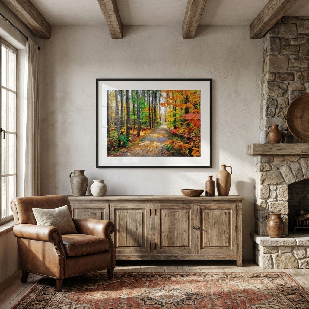 "Colors of Bromont" Tranquil Pathway Through Fall Foliage - Art Print Framed Options