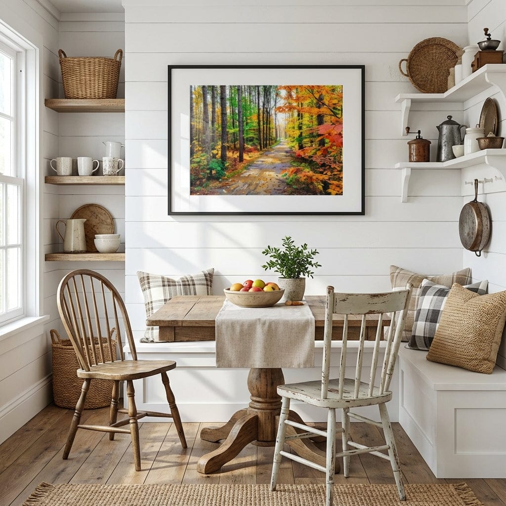 Nestled corner of a cozy room with wooden furniture, shelves, and a forest painting on the wall.