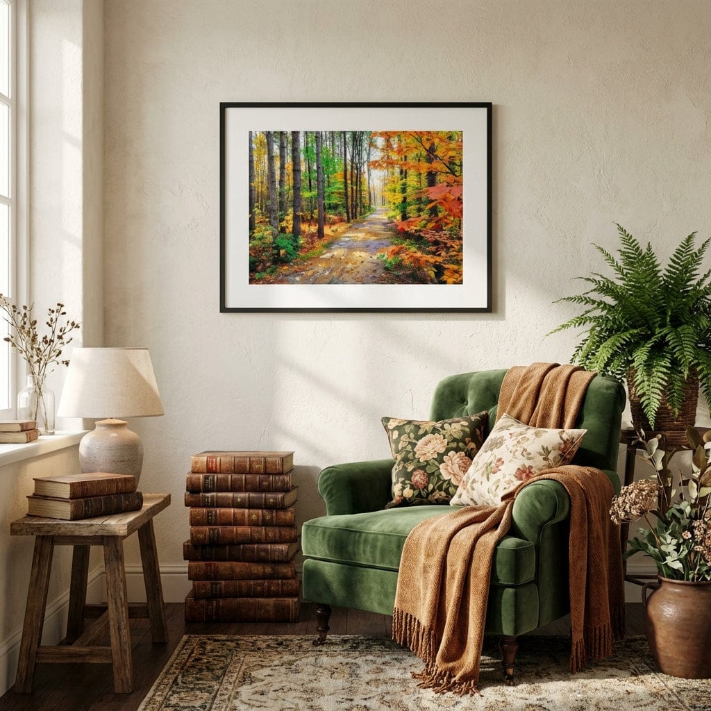 Cozy living room with a green armchair, framed forest painting, and decorative items.