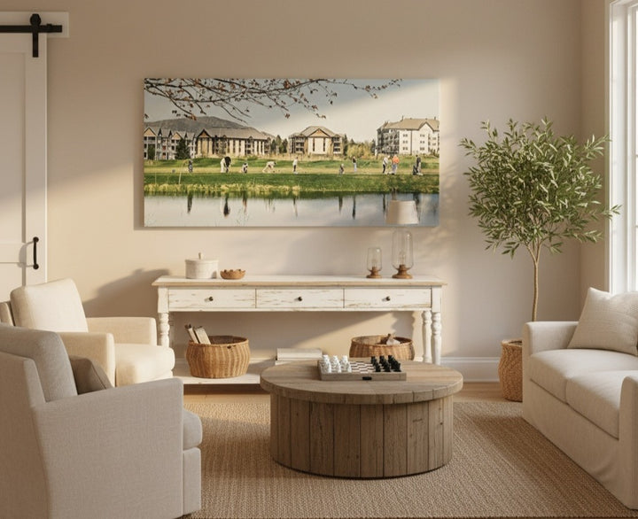 Living room with a large canvas art by Studio Shefford displaying a golf scene, surrounded by furniture and decor.