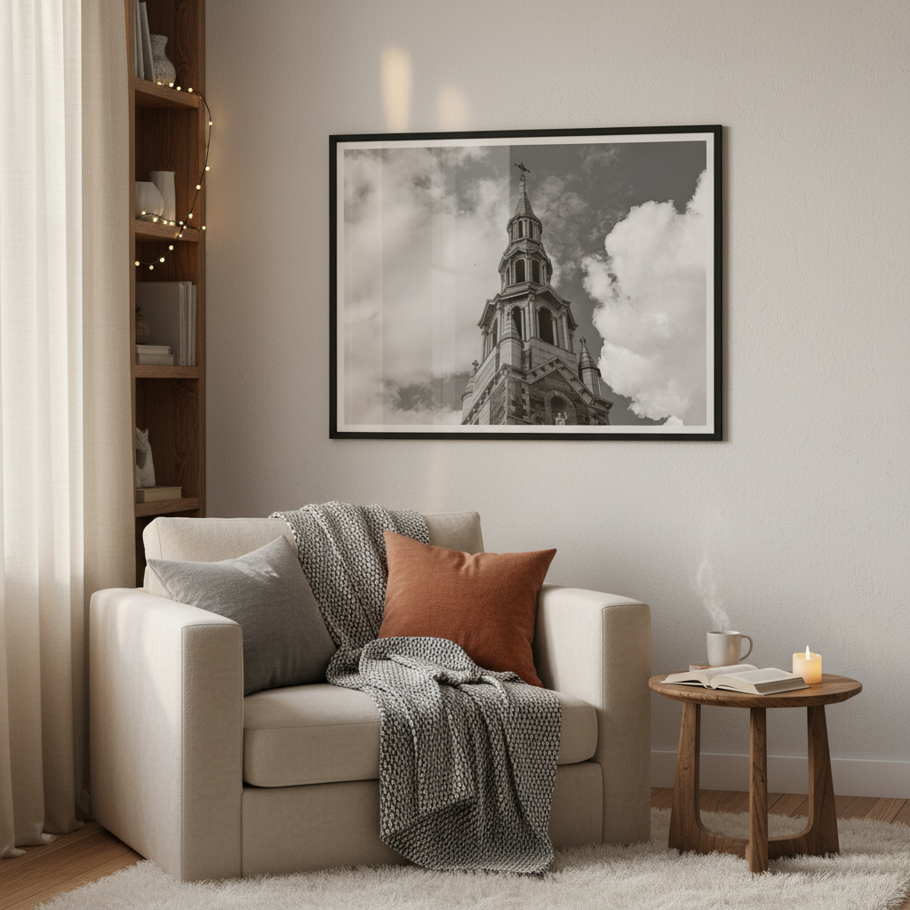 Living room with a beige sofa, decorative pillows, and a framed picture of a church steeple by Studio Shefford on the wall.