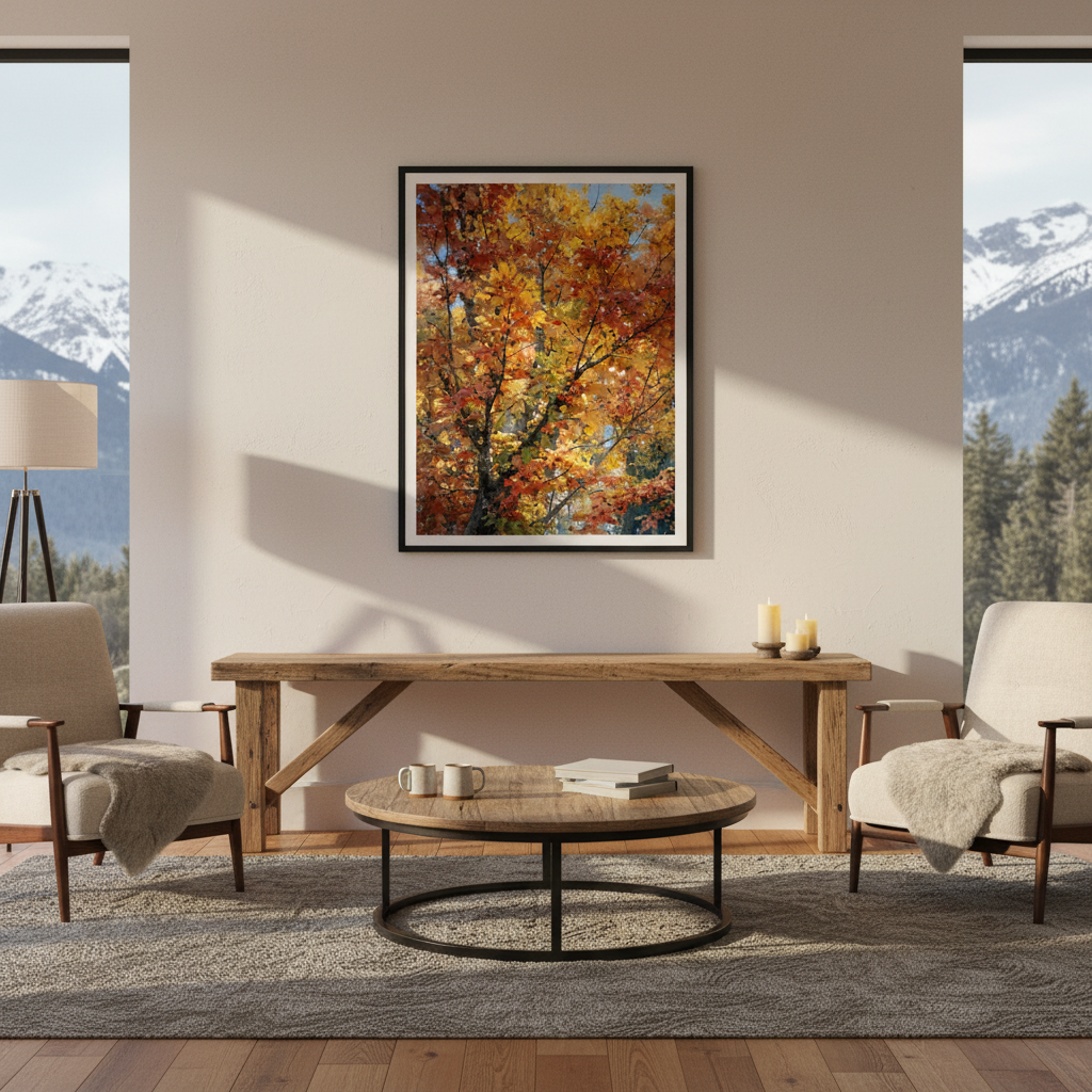 Living room with wooden furniture, a round coffee table, and a framed autumn tree picture on the wall by Studio Shefford