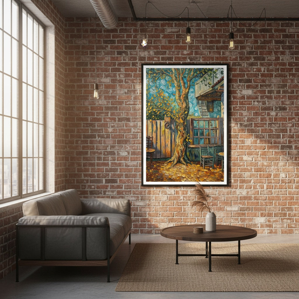 Living room with a brick wall, sofa, coffee table, and framed art by Studio Shefford.
