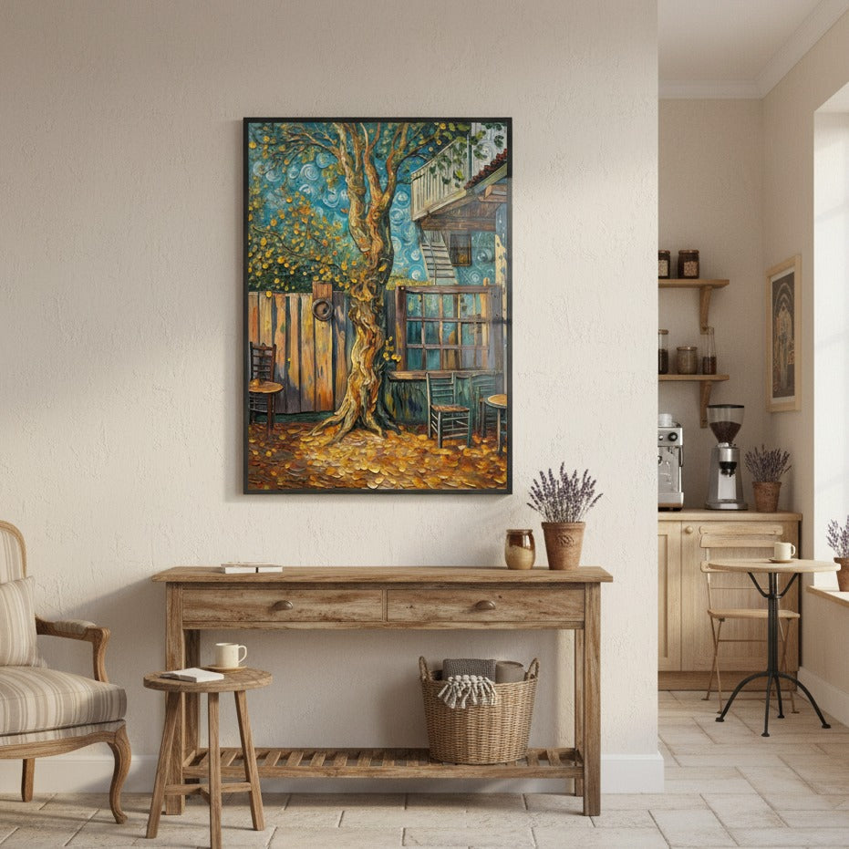 Living room with a large painting of a tree on the wall, wooden console table, and chair - Studio Shefford