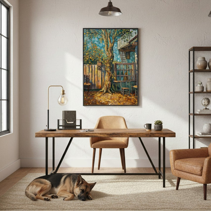 Modern home office with wooden desk, chair, and dog in a well-lit room - Studio Shefford