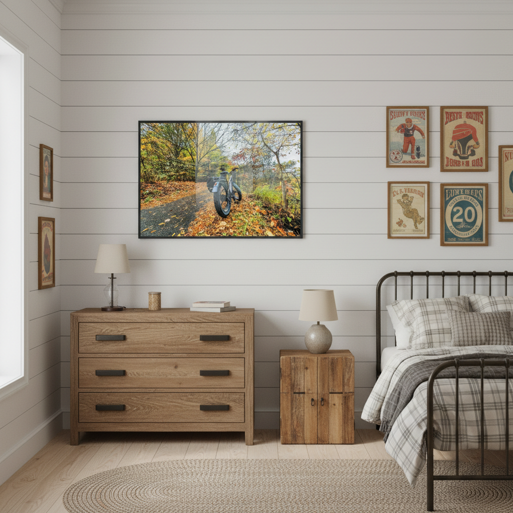 Boy's room with a wooden dresser, bed, and wall art depicting a fat bike on a path - Studio Shefford