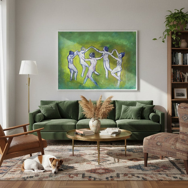Living room with green sofa, abstract painting, and decorative items - Bromont Media