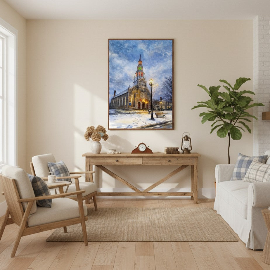 Living room with a painting of a church, wooden console table, and decorative items - Studio Shefford