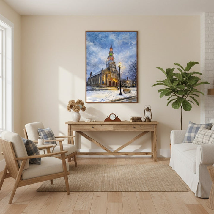 Living room with a painting of a church, wooden console table, and decorative items - Studio Shefford