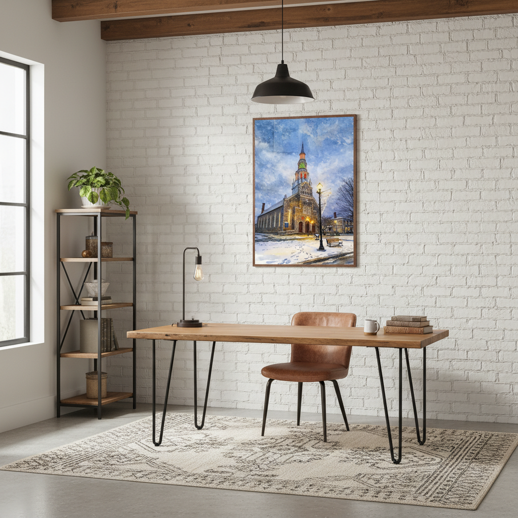 Modern home office with wooden desk, leather chair, and framed artwork on brick wall.