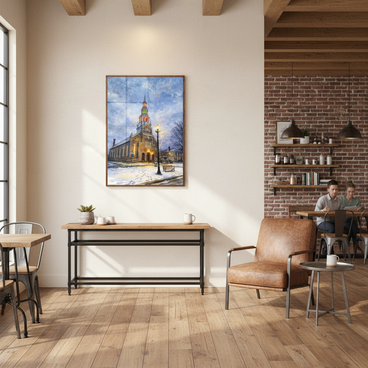 Modern office interior with a painting on the wall, desk, chairs, and a brick wall.