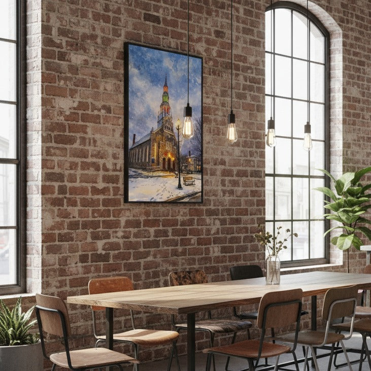 Modern interior with brick wall, table, chairs, and framed artwork.