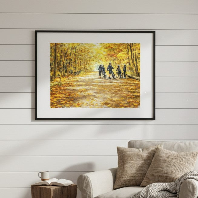 "Golden Trail Pause" Autumn Cycling Art Print - Framed Options