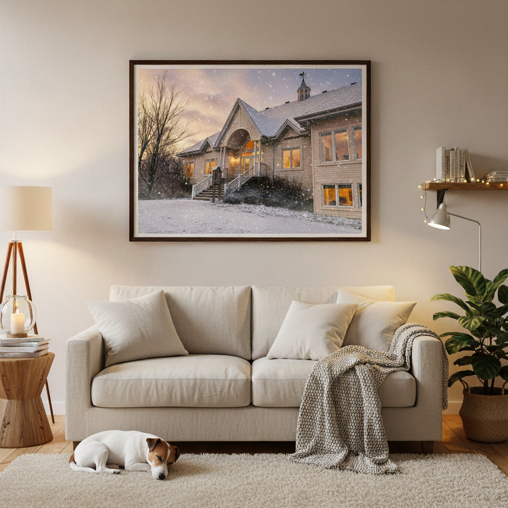 Living room with a beige sofa, dog, and framed picture of a snowy golf club - Studio Shefford