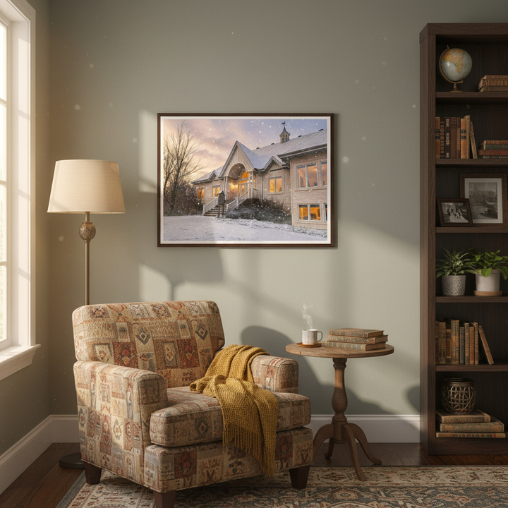 Cozy living room with patterned armchair, side table, and bookshelf - Studio Shefford