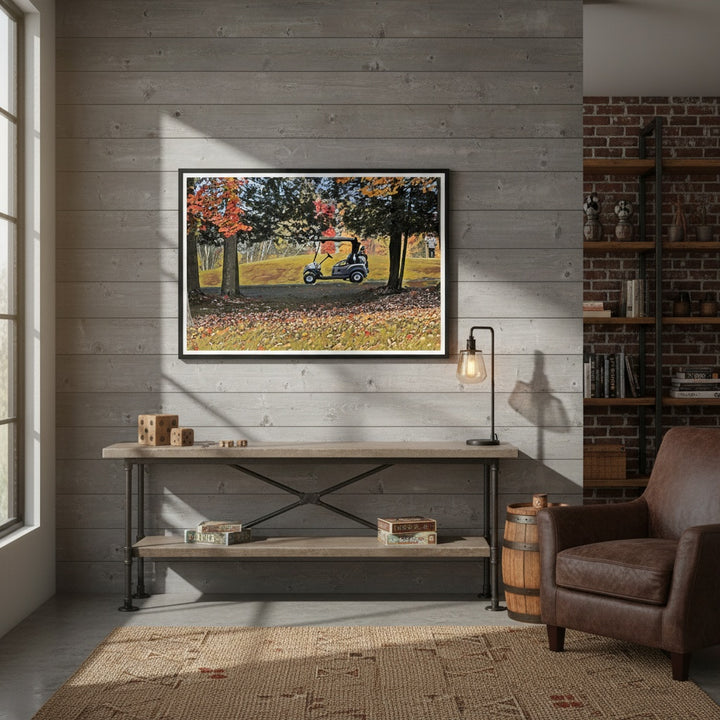 Scenic Golf Cart Wall Art by Studio Shefford in a warmly decorated industrial style room
