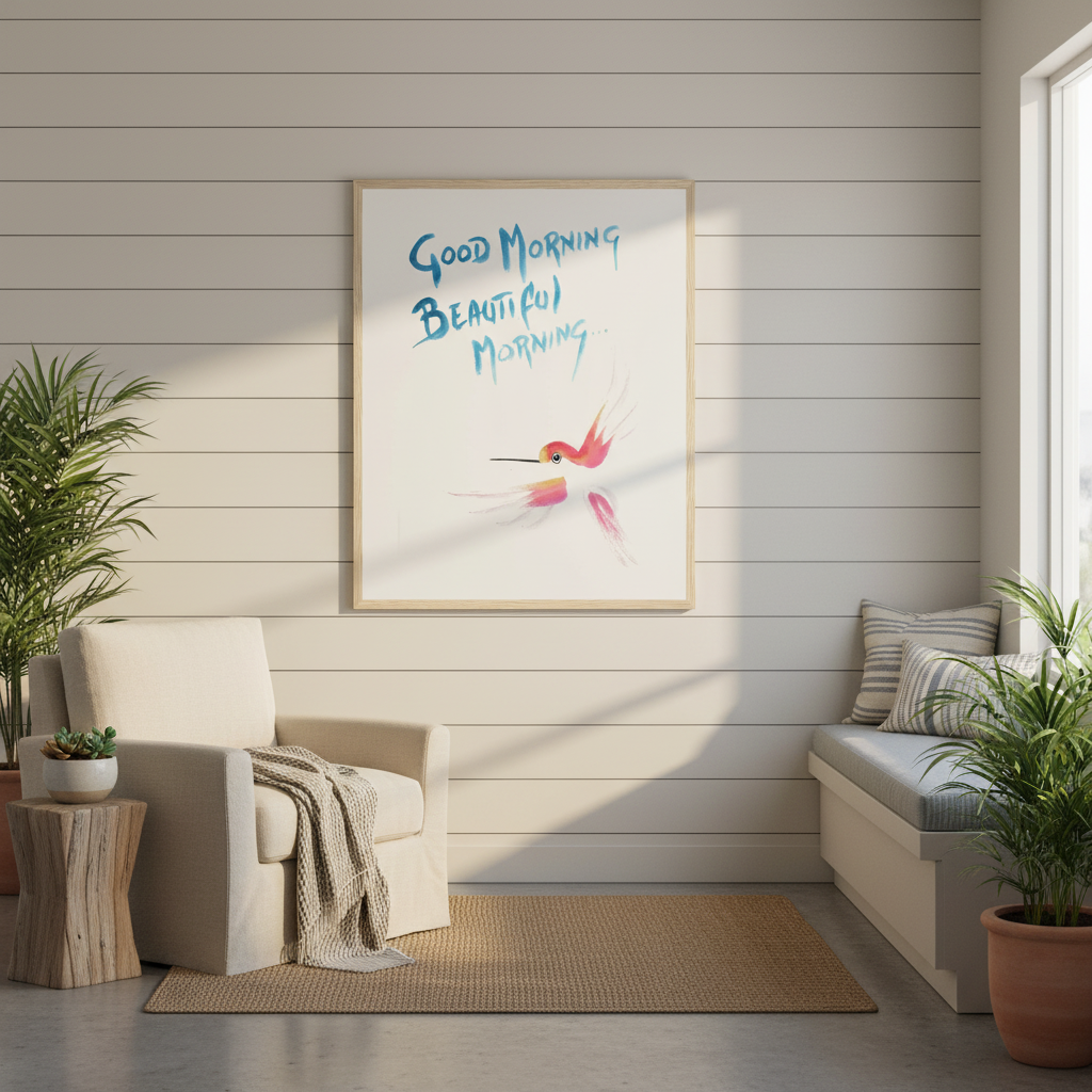 Modern living room with a 'Good Morning Beautiful Morning' artwork by Andrew Semple on the wall, plants, and a sofa.