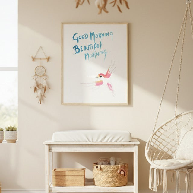 "Good Morning" Watercolor Wall Art: Hummingbird Philosophy Series - Premium Matte Wooden Framed Print