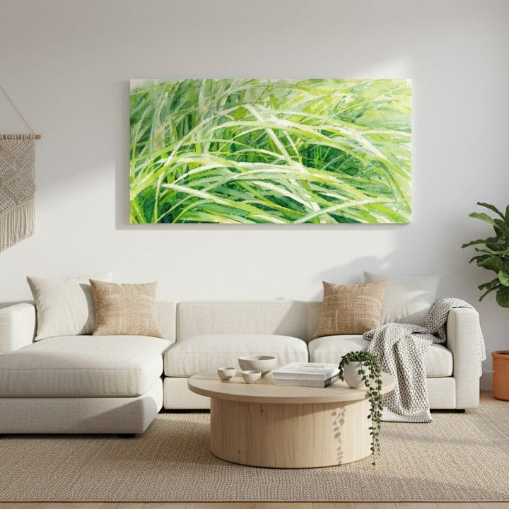 Living room with a white sofa, round wooden coffee table, and a large green abstract painting on the wall - Studio Shefford