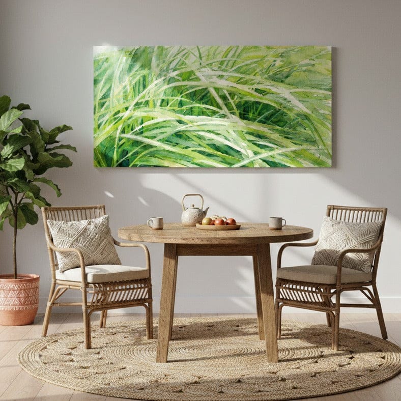Dining area with wooden table and chairs, featuring a large green abstract painting on the wall by Studio Shefford