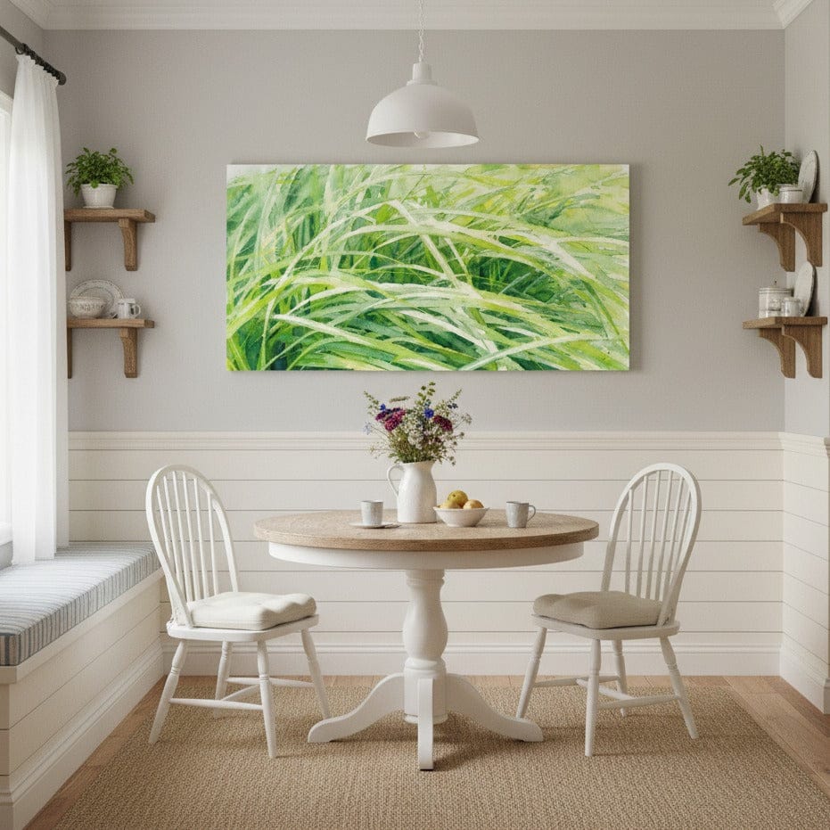 Dining room with a round wooden table and chairs, featuring a large green abstract painting on the wall by Studio Shefford