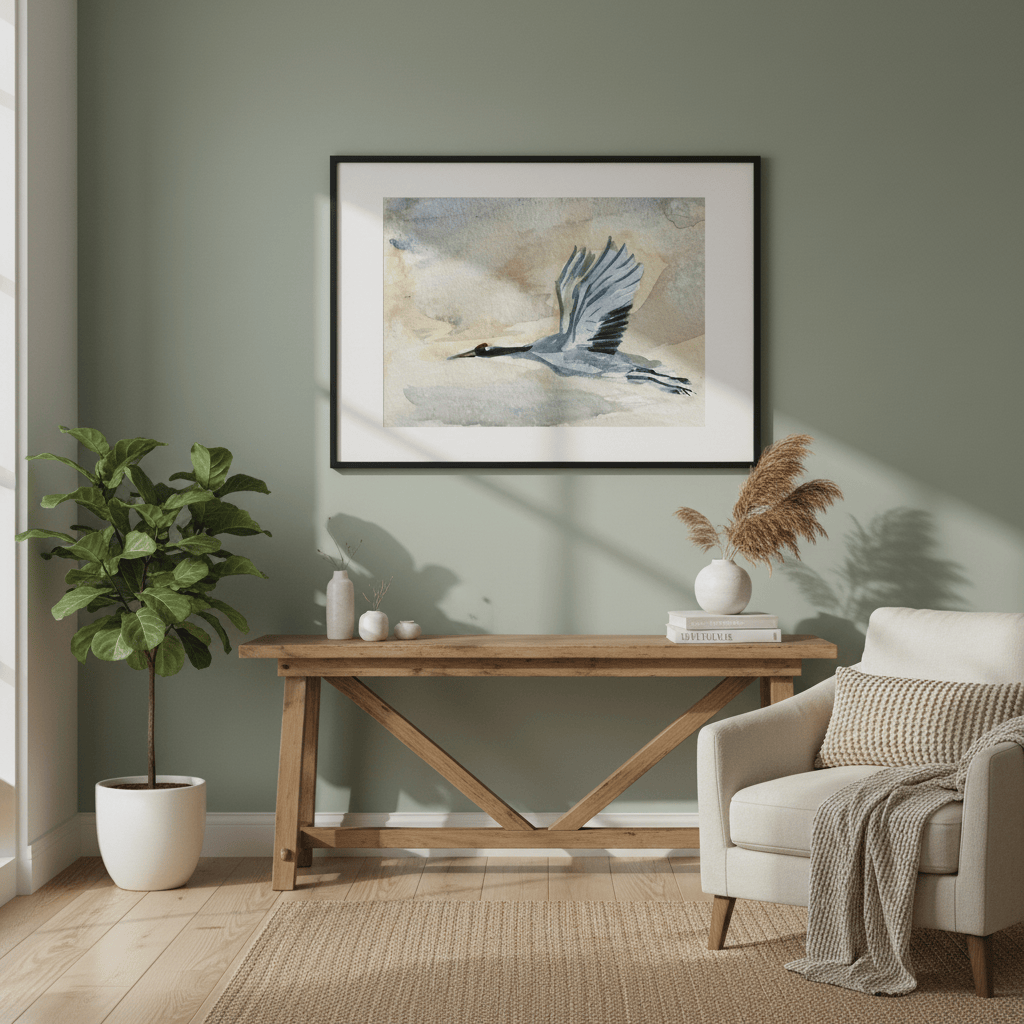Living room with a wooden console table, armchair, and framed artwork on a green wall.