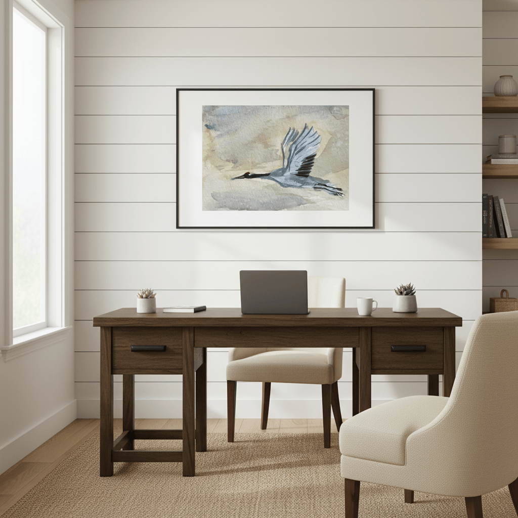 Home office with wooden desk, chair, and framed Blue Huron artwork on a white wall - Bromont Media